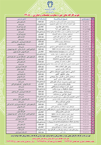 تقویم کارگاه های معاونت تحقیقات و فناوری در سال 1405 منتشر شد